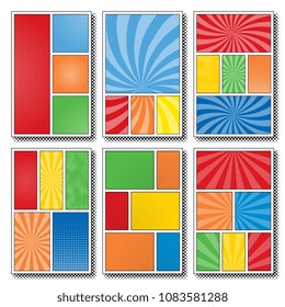 set of six comic book page templates with four, five and six panels. colorful backgrounds for scenes and speech bubbles with halftone dotted background and radial lines