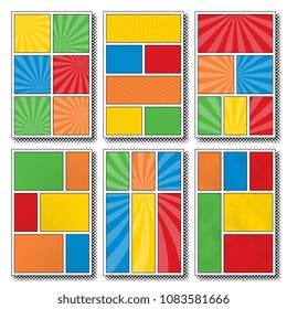 set of six comic book page templates with six panels. colorful backgrounds for scenes and speech bubbles with halftone dotted background and radial lines