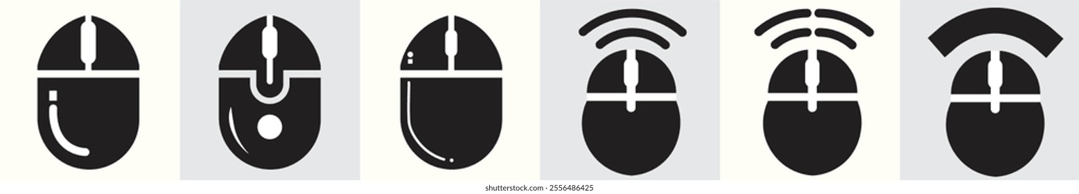 Set of six computer mouse icons in various designs, including wired, wireless, and signal-emitting styles. Minimal black-and-white symbols representing technology and user interface tools.