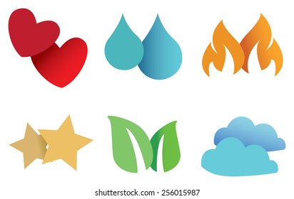 Set of six conceptual symbols as design elements for decoration and embellishments isolated on white background.