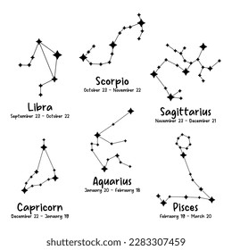 Set of six constellations. Zodiacal circle. Black hand drawn stars on white background. Starry sky. Horoscope, predictions and prophecies. Abstract Vector illustration.