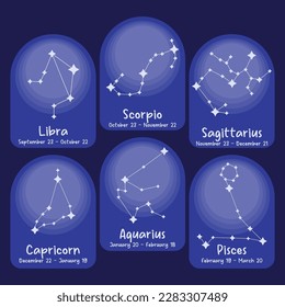 Set of six constellations. Zodiacal circle. Black hand drawn stars on white background. Starry sky. Horoscope, predictions and prophecies. Abstract Vector illustration.