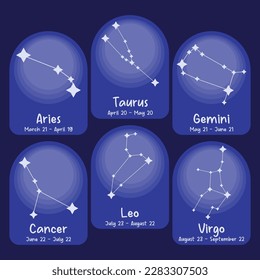 Set of six constellations. Zodiacal circle. Black hand drawn stars on white background. Starry sky. Horoscope, predictions and prophecies. Abstract Vector illustration.