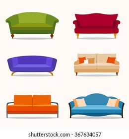 A set of six couches in the flat style. Vector illustration.