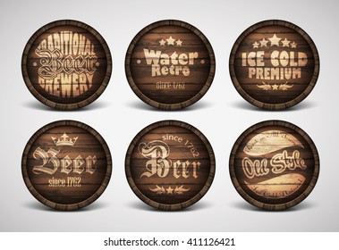 set of six covers on the wooden barrels for beer