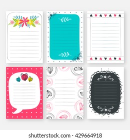 Set of six creative cards. Collection of blank template with hand drawn texture for notebooks, scrapbooking, wrapping and invitations. 