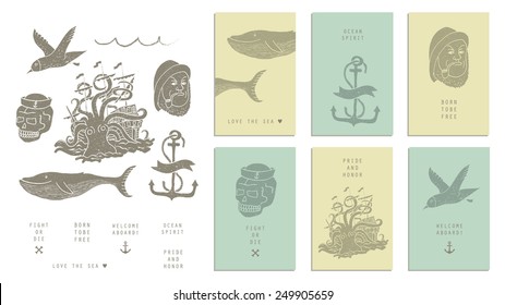 Conjunto de seis cartas creativas.Temas marinos 