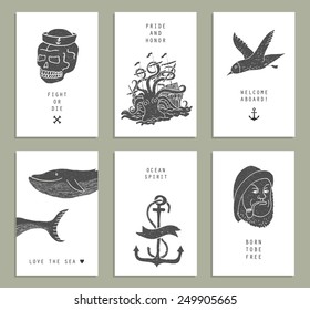 Set Of Six Creative Cards. Marine Themes & Tattoo. Sailor. Ocean. Octopus. Whale. Skull. Anchor. Vector Illustration In Doodle Style.