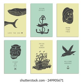 Set of six creative cards. Marine themes & tattoo. Sailor. Ocean. Octopus. Whale. Skull. Anchor. Vector illustration in doodle style.