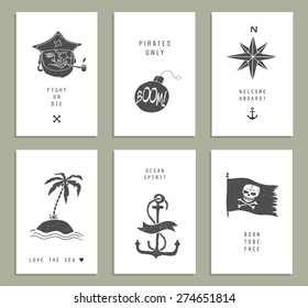Set of six creative cards. Marine theme & tattoo. Pirate. Ocean.Skull. Anchor. Vector illustration in doodle style.