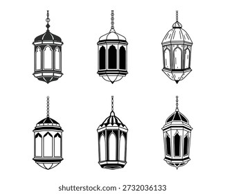 Un conjunto de seis creativos diseños colgantes de linterna de Ramadán (famosos) en un estilo de Vector plano limpio. Los íconos cuentan con elegantes Formas geométricas y detalles mínimos, adecuados para temas islámicos, Ramadán Kareem, gráficos de Eid, Diseños web, App móviles, íconos de interfaz de usuario, carteles, Anuncios y contenido de redes sociales. Ilustraciones de Vector totalmente editables y escalables, ideales para uso digital e impreso.