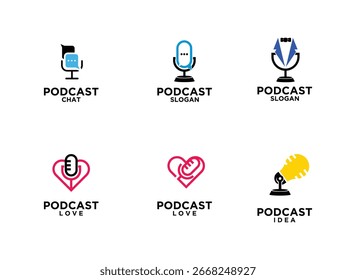 Conjunto de seis logotipos creativos para un negocio de podcasting, con diseños de micrófonos que incorporan temas como chat, amor, ideas y eslóganes formales.