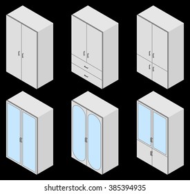 Set of six cupboards. Vector illustration. Set for isometric interior.