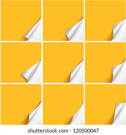 Set of six curved corners on yellow sheets with realistic shadows. Vector design.