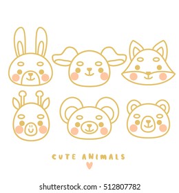 set of six cute animals line arts. illustration of fox, rabbit, bear, dog, giraffe and mouse on white background. can be used for cards or birthday invitations, or like pins template or stickers