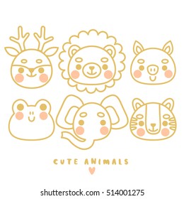 set of six cute animals line arts. illustration of deer, lion, pig, frog, elephant and tiger on white background. can be used for cards or birthday invitations, or like pins template or stickers