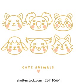 set of six cute animals line arts. illustration of cat, koala, panda, sheep, owl and wolf on white background. can be used for cards or birthday invitations, or like pins template or stickers