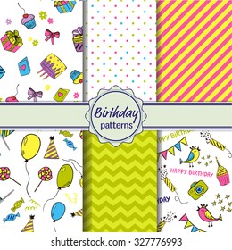 Set of six cute birthday seamless patterns