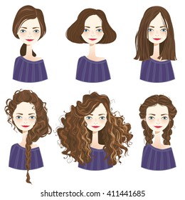 Set Of Six Cute Brown Hair Girl Characters With Different Hair Styles On White Background. Cute Girls Avatars. Vector Illustration.