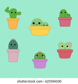 Set of six cute cactus plants.