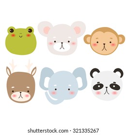 set of six cute cartoon animal character on white background. cute frog, mouse, monkey, deer, elephant and panda. can be used for greeting cards and party invitations