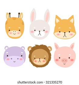 set of six cute cartoon animal character on white background. cute giraffe, rabbit, fox, hippo, lion and piggy. can be used for greeting cards and party invitations
