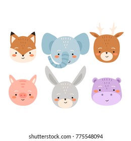 set of six cute cartoon animals. cute fox, alephant, deer, piggy, bunny and hippo animals set. can be used like stickers or for children invitations designs