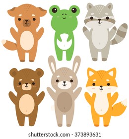 set of six of cute cartoon baby animals on white background. cute dog, frog, raccoon, bear, bunny and fox.can be used for greeting cards, birthday invitations or like stickers