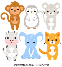 set of six of cute cartoon baby animals on white background. cute monkey, penguin, mouse, cow, elephant and kitty. can be used for greeting cards, birthday invitations or like stickers