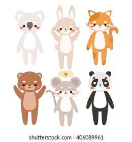 set of six of cute cartoon baby animals on white background. cute koala, bunny, kitty, bear, mouse and panda. can be used for greeting cards, birthday invitations or like stickers