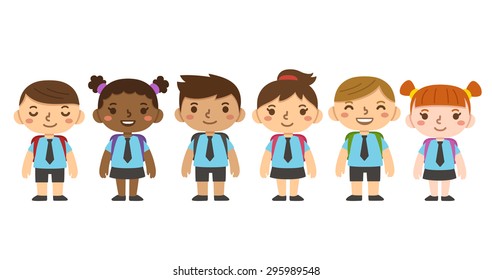 A set of six cute cartoon diverse children wearing school uniform with backpacks. Different skintones, hairstyles and facial expressions.