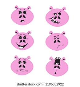 Set of six cute cartoon emotional pink pig characters
