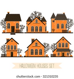 set of six cute cartoon halloween houses with trees and pumpkin on white background