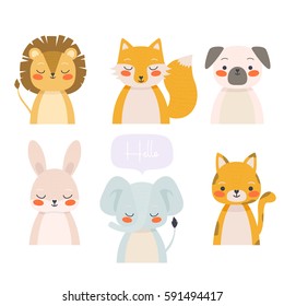 set of six cute cartoon illustrations of animals on white background with hello text message. can be used for greeting cards, baby showers and birthday invitations or posters