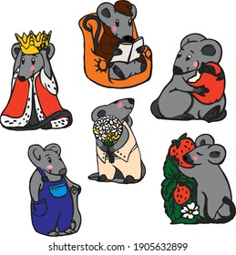 Conjunto de seis lindos ratones de dibujos animados.
El vector clipart incluye el rey del ratón, detective, con manzana, con fresas, con un ramo de flores y trabajador. 