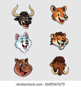 Set of six cute cartoon prehistoric animal heads with expressive faces, perfect for mascot, sticker, or educational design