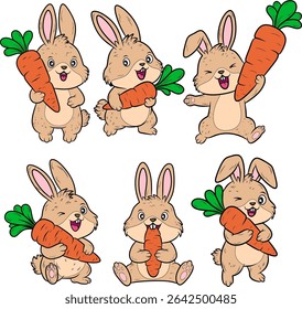 Set of six cute cartoon rabbits in various poses, happily interacting with carrots. Perfect for children's designs, healthy eating, or animal themes