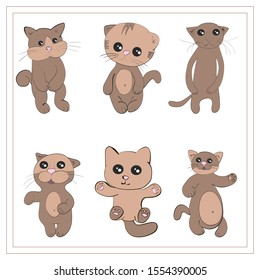 Set of six cute cats (brown)