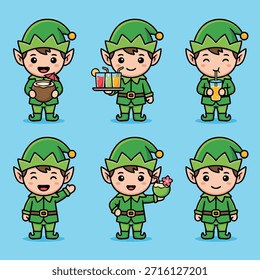 Un conjunto de seis lindos personajes de dibujos animados de elfos de Navidad, cada uno en una pose diferente y sosteniendo varios elementos, sobre un fondo azul claro.