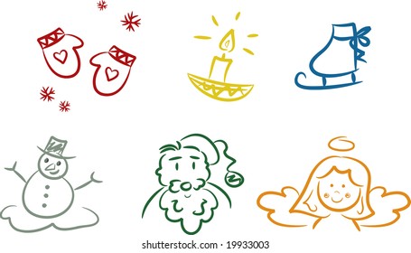Set of six cute and colorful christmas illustrations including mittens, candle, ice skate, snowman, santa claus, and little angel girl (vector)