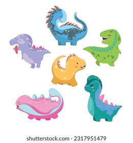 Set six cute colorful dino. Kawaii animal. Vector illustration.