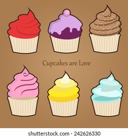 Set of six cute colorful stylized cupcakes with frosting, icing and sprinckes