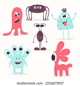 A set of six cute colourful monsters. Cute aliens. Scary gremlins. Figures of fictional characters in flat technique.	