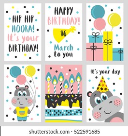 Set of six cute creative cards templates with Happy birthday theme design. Hand Drawn card for birthday, anniversary, party invitations, scrapbooking. Vector illustration