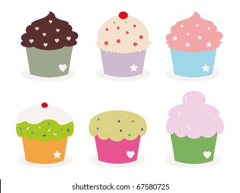 set of six cute cupcakes