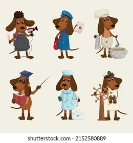 A set of six cute dachshunds of different professions