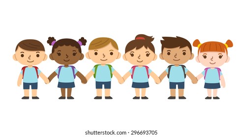 A set of six cute diverse children wearing school uniform with backpacks and holding hands. Different skintones, hairstyles and facial expressions.