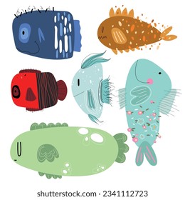 Set of six cute fishes, kids pattern. Fish with different dots,spots, line. Vector illustration, doodle.