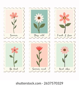 Set of six cute floral postage stamp illustrations with inspirational quotes in flat style. Minimal summer design for greeting cards, stickers, scrapbooking, posters, and stationery.