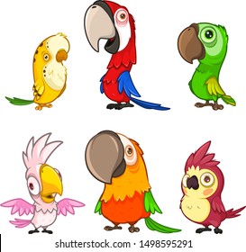 Set of six cute and funny cartoon parrots